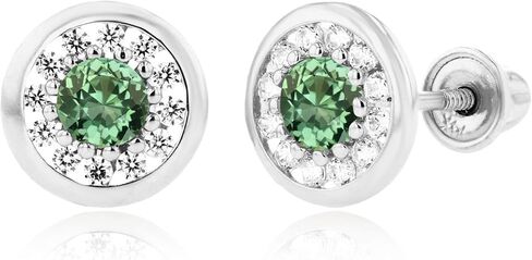 Solid 14K Gold 7mm Circle Natural Birthstone Screwback Stud Earrings For Women | 3mm Birthstone | 1mm Created White Sapphire Pave Screwback Earrings For Women in Kuwait
