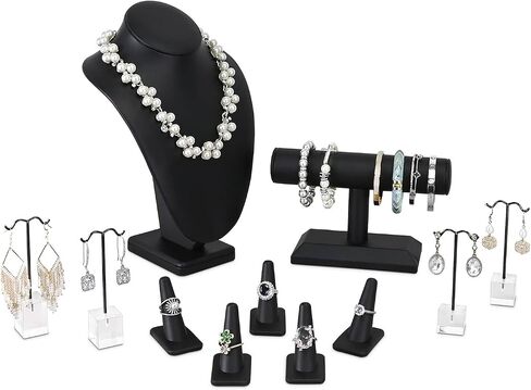 مجموعة عرض مجوهرات MOOCA 11 PCS ، تمثال نصفي عرض لقلادة ، حامل سوار T-BAR ، منظم قرط ، حامل رنين للعرض والمتجر ، جلد فو ، أسود مميز الجلود in Saudi Arabia