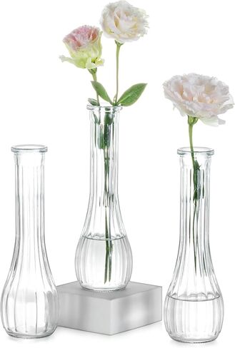 NUPTIO Glass Bud Vases Centerpiece: 3 Pcs Small Flower Vase for Wedding in Bulk - Cute Clear Ribbed Vase for Party Events Home Table Decor in Kuwait