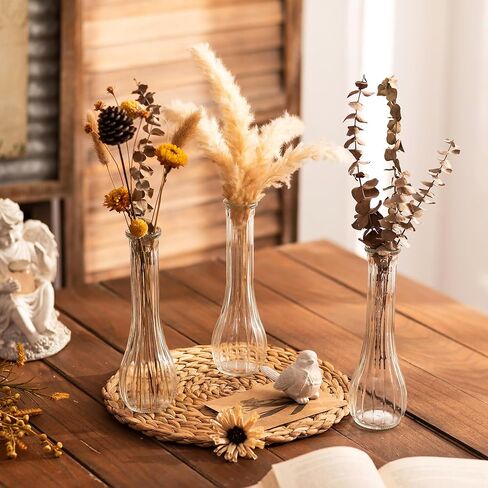 NUPTIO Glass Bud Vases Centerpiece: 3 Pcs Small Flower Vase for Wedding in Bulk - Cute Clear Ribbed Vase for Party Events Home Table Decor in Kuwait