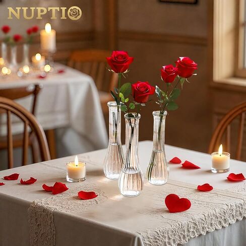 NUPTIO Glass Bud Vases Centerpiece: 3 Pcs Small Flower Vase for Wedding in Bulk - Cute Clear Ribbed Vase for Party Events Home Table Decor in Kuwait