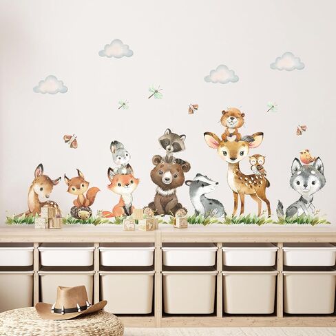 Jungle Animals Wall Stickers Cartoon Woodland Animal Wall Decals Bear Fox Forest Self-Adhesive Mural Removable Wall Art Sticker for Baby Nursery Kids Bedroom Playroom Daycare Classroom Decor in Saudi Arabia