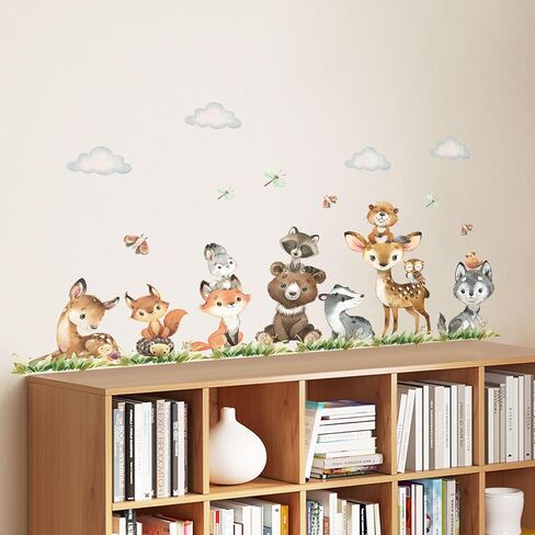 Jungle Animals Wall Stickers Cartoon Woodland Animal Wall Decals Bear Fox Forest Self-Adhesive Mural Removable Wall Art Sticker for Baby Nursery Kids Bedroom Playroom Daycare Classroom Decor in Saudi Arabia