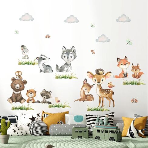 Jungle Animals Wall Stickers Cartoon Woodland Animal Wall Decals Bear Fox Forest Self-Adhesive Mural Removable Wall Art Sticker for Baby Nursery Kids Bedroom Playroom Daycare Classroom Decor in Saudi Arabia