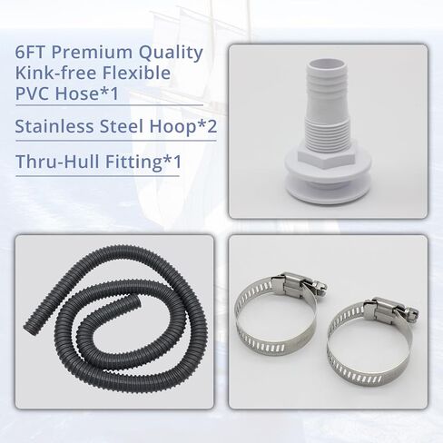 Bilge Pump Installation Kit, 3/4 Inch Dia Bilge Pump Hose,6 FT Premium Quality Kink-free Flexible PVC Hose, Stainless Steel Hoop*2 and Thru-Hull Fitting Can Be Used with Bilge Pump in Saudi Arabia