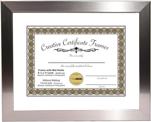 Creative Picture Frames Stainless Steel Finish Document Frame Displays 8.5" by 11" with Mat or 11" by 14" without mat includes Stand & Wall Hanger in Saudi Arabia