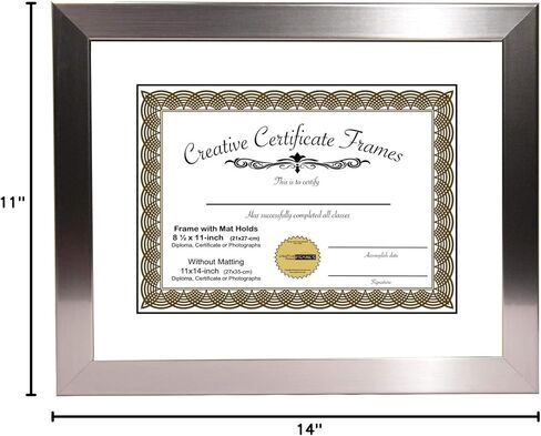 Creative Picture Frames Stainless Steel Finish Document Frame Displays 8.5" by 11" with Mat or 11" by 14" without mat includes Stand & Wall Hanger in Saudi Arabia