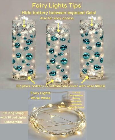 100 لؤلؤة ذهبية عائمة مع مطابقة للأحجار الكريمة المتلألئة 2 جالون من المواد الهلامية الشفافة للمياه من أجل التأثير العائم المقياس العائم المقيس-6 أضاءة جنية بيضاء دافئة in Kuwait