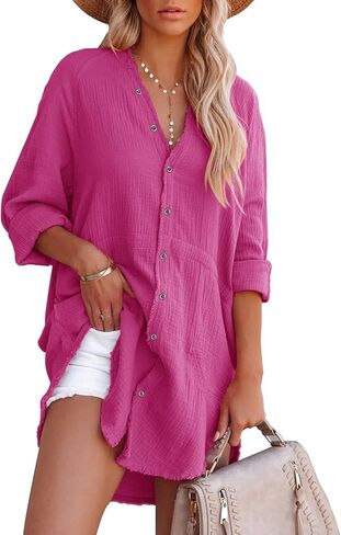 زر سيليتيلون للنساء لأسفل سترة مع الجيوب الشاش القطن الزر أعلى قميص فستان الخام in Kuwait