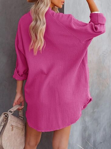 زر سيليتيلون للنساء لأسفل سترة مع الجيوب الشاش القطن الزر أعلى قميص فستان الخام in Kuwait