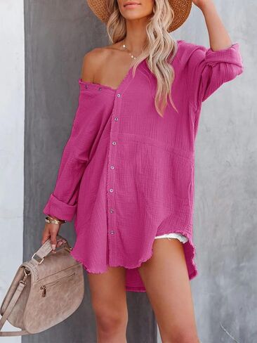 زر سيليتيلون للنساء لأسفل سترة مع الجيوب الشاش القطن الزر أعلى قميص فستان الخام in Kuwait