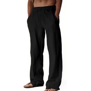 Men's Casual Cotton Linen Pants Elastic Waist Drawstring Summer Beach Lightweight Loose Yoga Linen Trousers Pockets in Saudi Arabia