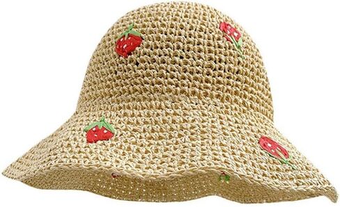 Ladies Sweet Red Strawberry Fruit Pattern Straw Hat Women Beige Fisherman Cap Holiday Beach Sunshade Hats in Saudi Arabia