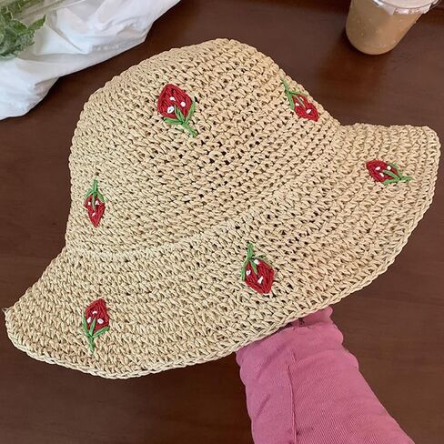 Ladies Sweet Red Strawberry Fruit Pattern Straw Hat Women Beige Fisherman Cap Holiday Beach Sunshade Hats in Saudi Arabia