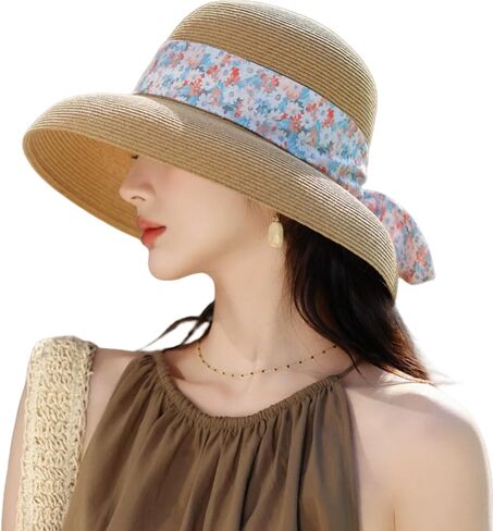 Women's Summer Hat Wide Brim UPF Sun Protection with Floral Ribbon-Foldable,Lightweight,Breathable for Beach,Travel in Kuwait