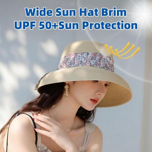 Women's Summer Hat Wide Brim UPF Sun Protection with Floral Ribbon-Foldable,Lightweight,Breathable for Beach,Travel in Kuwait