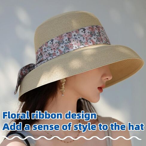 Women's Summer Hat Wide Brim UPF Sun Protection with Floral Ribbon-Foldable,Lightweight,Breathable for Beach,Travel in Kuwait
