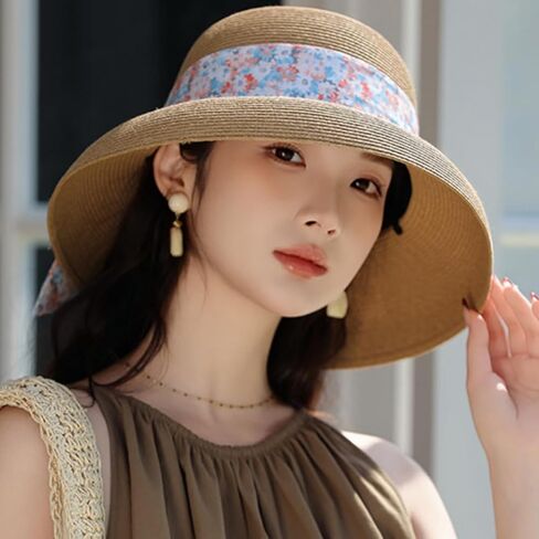 Women's Summer Hat Wide Brim UPF Sun Protection with Floral Ribbon-Foldable,Lightweight,Breathable for Beach,Travel in Kuwait