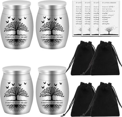 6 Set Small Urn Ash with Memorial Cards Velvet Bag Tree of Life Cremation Urns 1.57 Inch Funeral Ashes Human Ashes Keepsake Stainless Steel Memorial Ashes Holder -Forever in My Heart in Kuwait