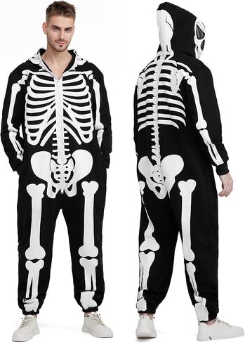 Halloween Skeleton Costume Jumpsuit for Men Adult Cozy Hoodie Skeleton Onesie Pajama Outfit Front and Back Print in Saudi Arabia