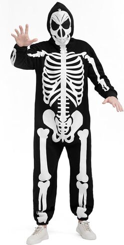 Halloween Skeleton Costume Jumpsuit for Men Adult Cozy Hoodie Skeleton Onesie Pajama Outfit Front and Back Print in Saudi Arabia