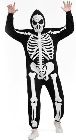 Halloween Skeleton Costume Jumpsuit for Men Adult Cozy Hoodie Skeleton Onesie Pajama Outfit Front and Back Print in Saudi Arabia