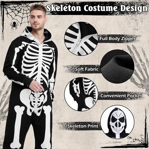 Halloween Skeleton Costume Jumpsuit for Men Adult Cozy Hoodie Skeleton Onesie Pajama Outfit Front and Back Print in Saudi Arabia
