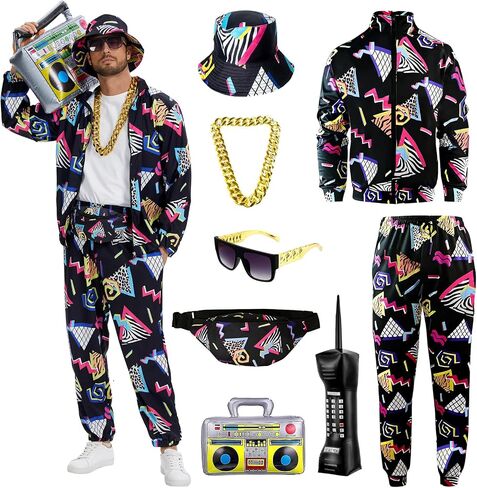 80s 90s Outfit for Men, Track Suit with Hip Hop Costume Accessories Set for Halloween 80s Themed Parties. in Kuwait