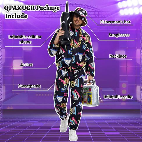 80s 90s Outfit for Men, Track Suit with Hip Hop Costume Accessories Set for Halloween 80s Themed Parties. in Kuwait