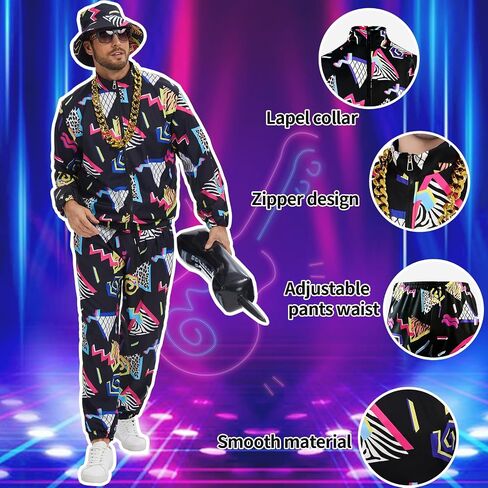 80s 90s Outfit for Men, Track Suit with Hip Hop Costume Accessories Set for Halloween 80s Themed Parties. in Kuwait