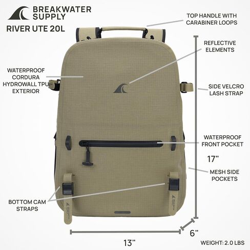 Breakwater Supply™ River Ute Waterproof IP68 Fishing Backpack, Floating TPU Submersible Dry Bag with Padded Hip Belt and Airtight Zippers | 20L (River Ute 20L CORDURA Safari Tan) in Saudi Arabia