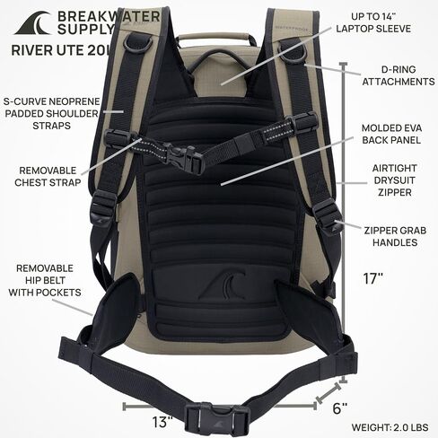 Breakwater Supply™ River Ute Waterproof IP68 Fishing Backpack, Floating TPU Submersible Dry Bag with Padded Hip Belt and Airtight Zippers | 20L (River Ute 20L CORDURA Safari Tan) in Saudi Arabia