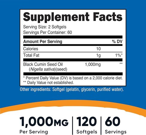 Nutricost Black Seed Oil (Cumin) - Cold Pressed, Source of Omega 3 6 9-120 Softgels, 1000mg Per Serving, 60 Servings - Non-GMO and Gluten Free in Saudi Arabia