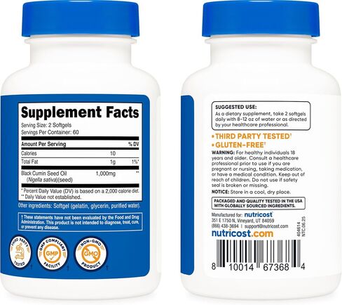 Nutricost Black Seed Oil (Cumin) - Cold Pressed, Source of Omega 3 6 9-120 Softgels, 1000mg Per Serving, 60 Servings - Non-GMO and Gluten Free in Saudi Arabia