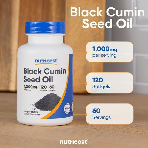 Nutricost Black Seed Oil (Cumin) - Cold Pressed, Source of Omega 3 6 9-120 Softgels, 1000mg Per Serving, 60 Servings - Non-GMO and Gluten Free in Saudi Arabia