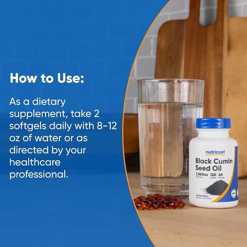 Nutricost Black Seed Oil (Cumin) - Cold Pressed, Source of Omega 3 6 9-120 Softgels, 1000mg Per Serving, 60 Servings - Non-GMO and Gluten Free in Saudi Arabia