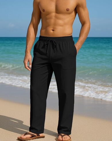 Men's Casual Cotton Linen Pants Elastic Waist Drawstring Summer Beach Lightweight Loose Yoga Linen Trousers Pockets in Saudi Arabia