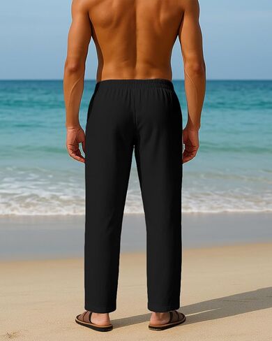 Men's Casual Cotton Linen Pants Elastic Waist Drawstring Summer Beach Lightweight Loose Yoga Linen Trousers Pockets in Saudi Arabia