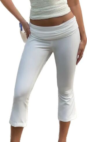 Women Fold Over Capri Pants Low Rise Foldover Yoga Leggings Knee Length Cropped Flared Bell Bottom Capris Y2k in Saudi Arabia