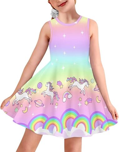 INSTANTARTS Girls Dress Breathable Stretch Tank Swing Midi Dresses Sleeveless Round Neck Summer Skater Dress in Saudi Arabia