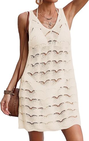 Womens Crochet Floral Knit Loose Fit Beach Mini Dress Summer 2025 Sexy Backless V Neck Bathing Suit Cover Up in Saudi Arabia