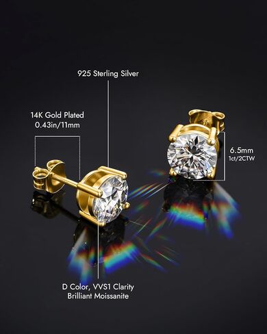 1.0-3.0CTW Moissanite Stud Earrings, 18K White Gold/14k Gold Plated 925 Sterling Silver, D Color VVS1 Clarity Lab Created Moissanite, Hypoallergenic Earrings Jewelry Gifts for Women Men in Kuwait