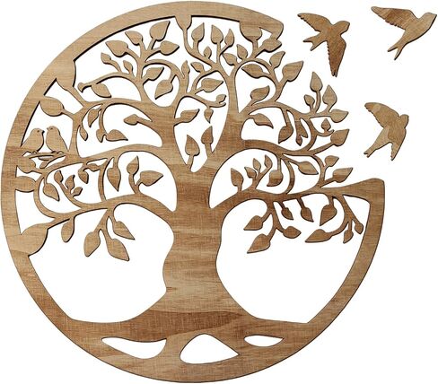 Tree of Life Wall Art Wooden Tree Life Wall Decor with Three Birds 12 Inch Round Family Tree Life Wall Hanging Plaque for Bedroom Living Room Kitchen Office Farmhouse Decor Indoor Outdoor (Round Tree of Life - Wood Color) in Saudi Arabia