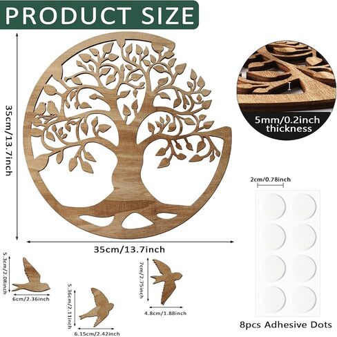 Tree of Life Wall Art Wooden Tree Life Wall Decor with Three Birds 12 Inch Round Family Tree Life Wall Hanging Plaque for Bedroom Living Room Kitchen Office Farmhouse Decor Indoor Outdoor (Round Tree of Life - Wood Color) in Saudi Arabia