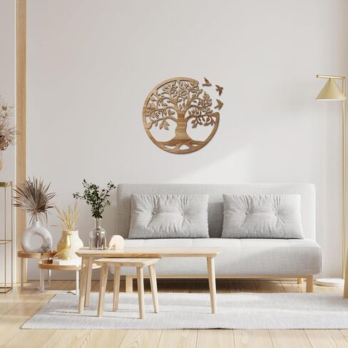 Tree of Life Wall Art Wooden Tree Life Wall Decor with Three Birds 12 Inch Round Family Tree Life Wall Hanging Plaque for Bedroom Living Room Kitchen Office Farmhouse Decor Indoor Outdoor (Round Tree of Life - Wood Color) in Saudi Arabia