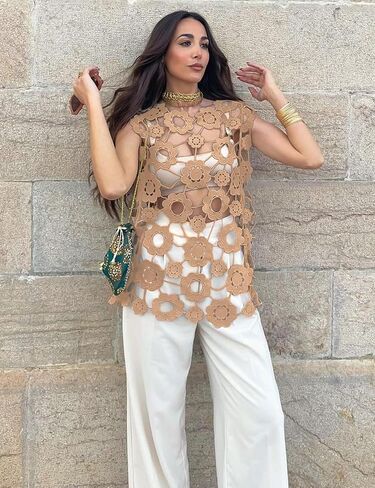 Yimoon Womens Hollow Out Floral Lace Stest Sightsless Long Crochet Cover Up Crewneck Out Out Tops in Saudi Arabia