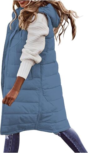 Long Puffer Vest Women Sleeveless Lightweight Puffer Hooded Jacket Winter Warm Outerwear Quilted Jackets for Women in Saudi Arabia