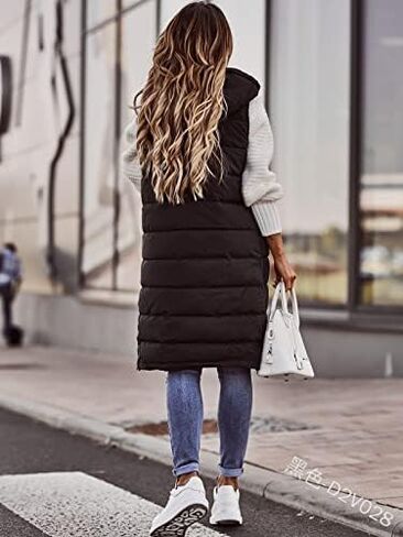 Long Puffer Vest Women Sleeveless Lightweight Puffer Hooded Jacket Winter Warm Outerwear Quilted Jackets for Women in Saudi Arabia