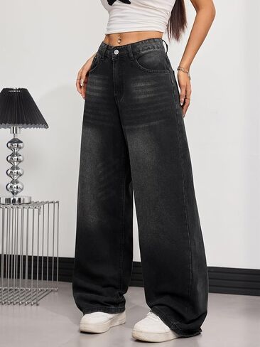 Womens Baggy Jeans Wide Leg Denim Pants Y2k 90s Vintage Hip Hop Loose Long Trousers Streetwear in Saudi Arabia