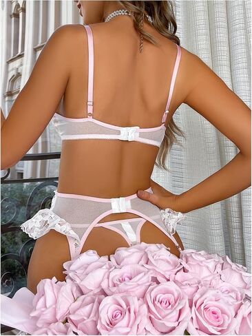 OYOANGLE Women's 3 Piece Lingerie Set Floral Embroidery Garter Belt Teddy Babydoll Bodysuit in Saudi Arabia
